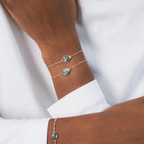 Poignée d'une femme noire, avec deux bracelets en plaqué or en forme de scarabée. Les deux bracelets sont identiques : l'un est en labradorite, une pierre naturelle, et l'autre en amazonite. Ce sont des bijoux lumineux, très légers et raffinés, qui se superposent joliment et apportent une touche originale et colorée ensemble. Ce scarabée représente la protection et le renouveau ; il incarne la résilience, la force et la capacité de se réinventer.