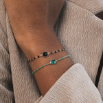 On peut voir un avant-bras et une main portant deux bracelets fins et élégants. Celui du haut est noir et doré, avec une base en plaqué or ornée de petites pierres rondes en onyx noir. Le bracelet du bas est également en plaqué or, avec des pierres en onyx vert.