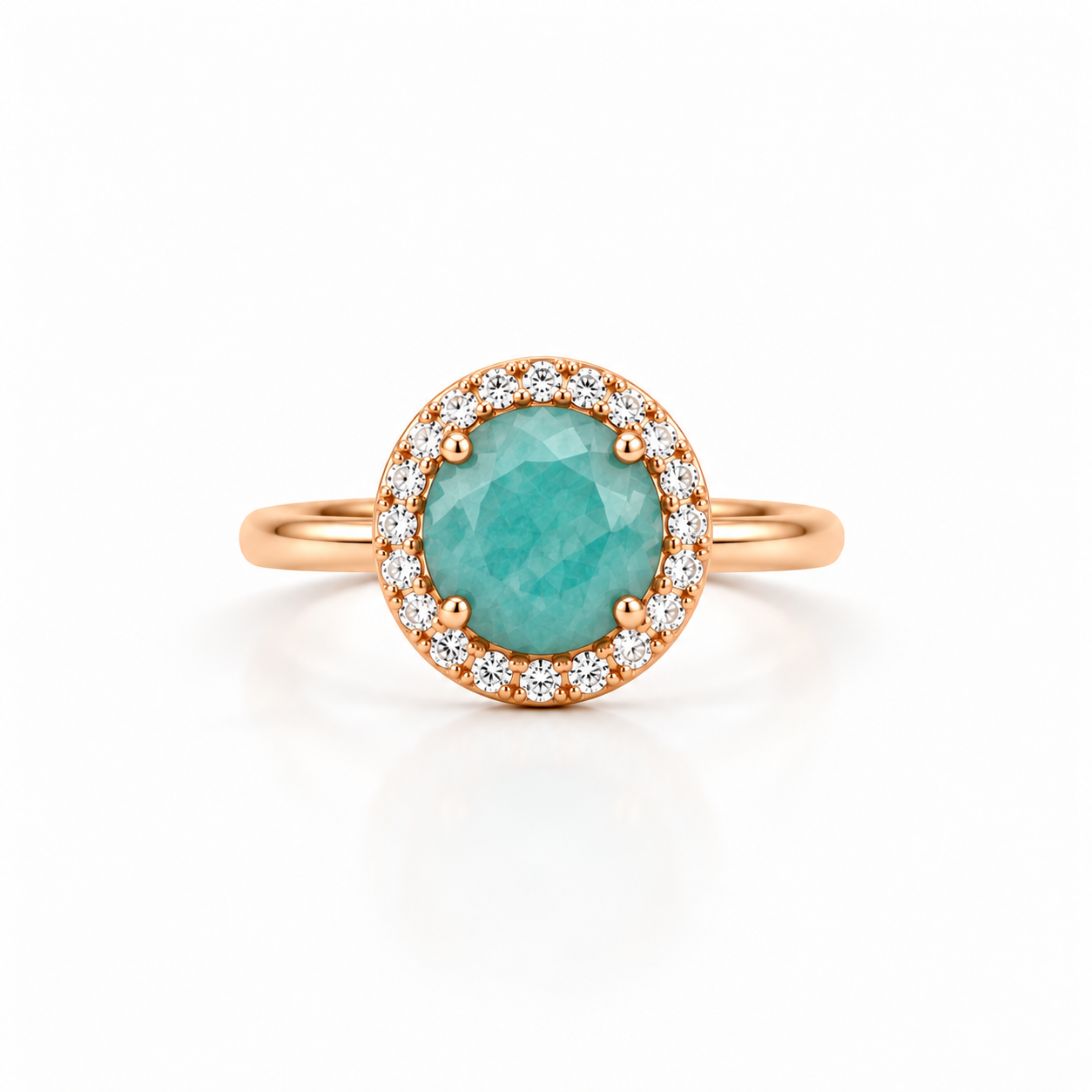 Bague Alba Orphée Bijoux en amazonite bleu turquoise facettée, halo de zircons blancs et plaqué or 18 carats champagne, vue de face.