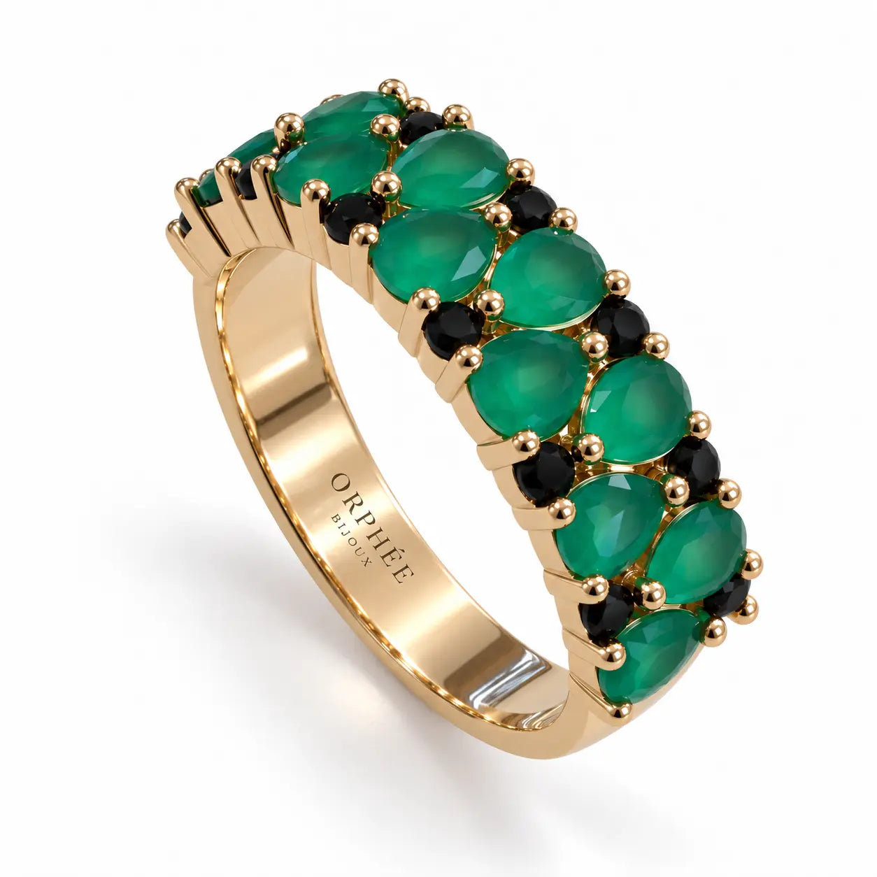 bague dorée orphee pierres vertes onyx et noir sur demi jonc orphée bijoux
