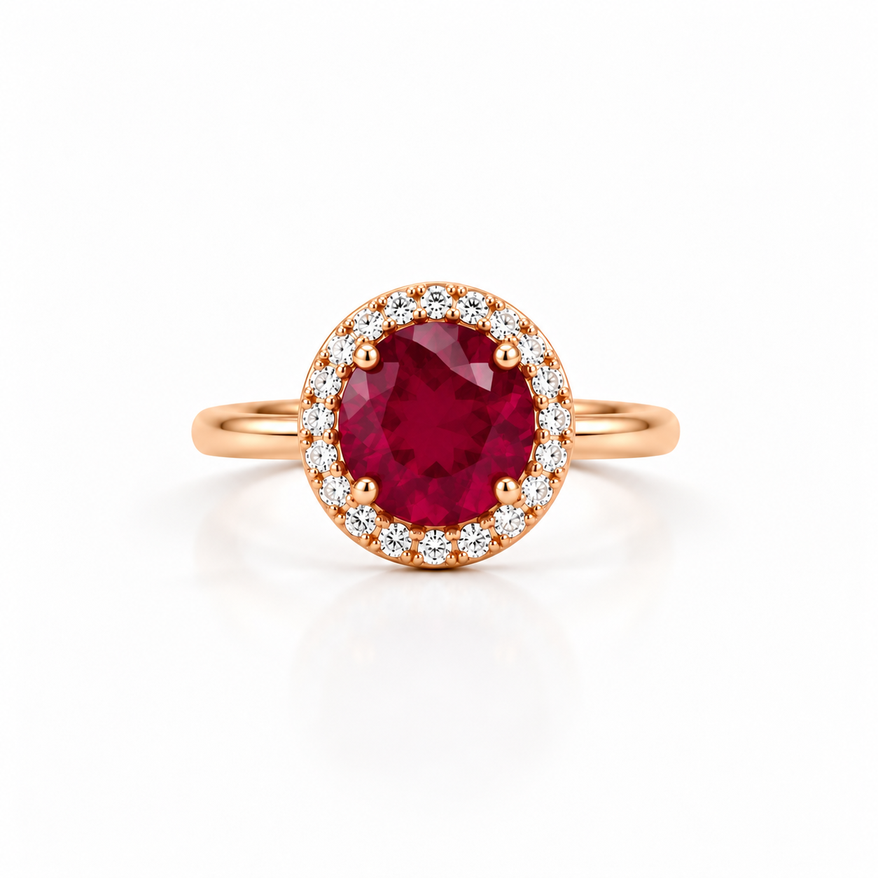 Bague Alba Orphée Bijoux en quartz rouge fuchsia profond facetté, entourée de zircons blancs, plaqué or 18 carats champagne, vue de face.