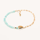 bracelet réglable pierre fine naturelle amazonite petit coquillage doré chaine gourmette à ajuster sur poignet, convient à toutes les tailles de poignets. bracelet estival turquoise soleil été cauri 