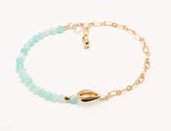 bracelet réglable pierre fine naturelle amazonite petit coquillage doré chaine gourmette à ajuster sur poignet, convient à toutes les tailles de poignets. bracelet estival turquoise soleil été cauri 