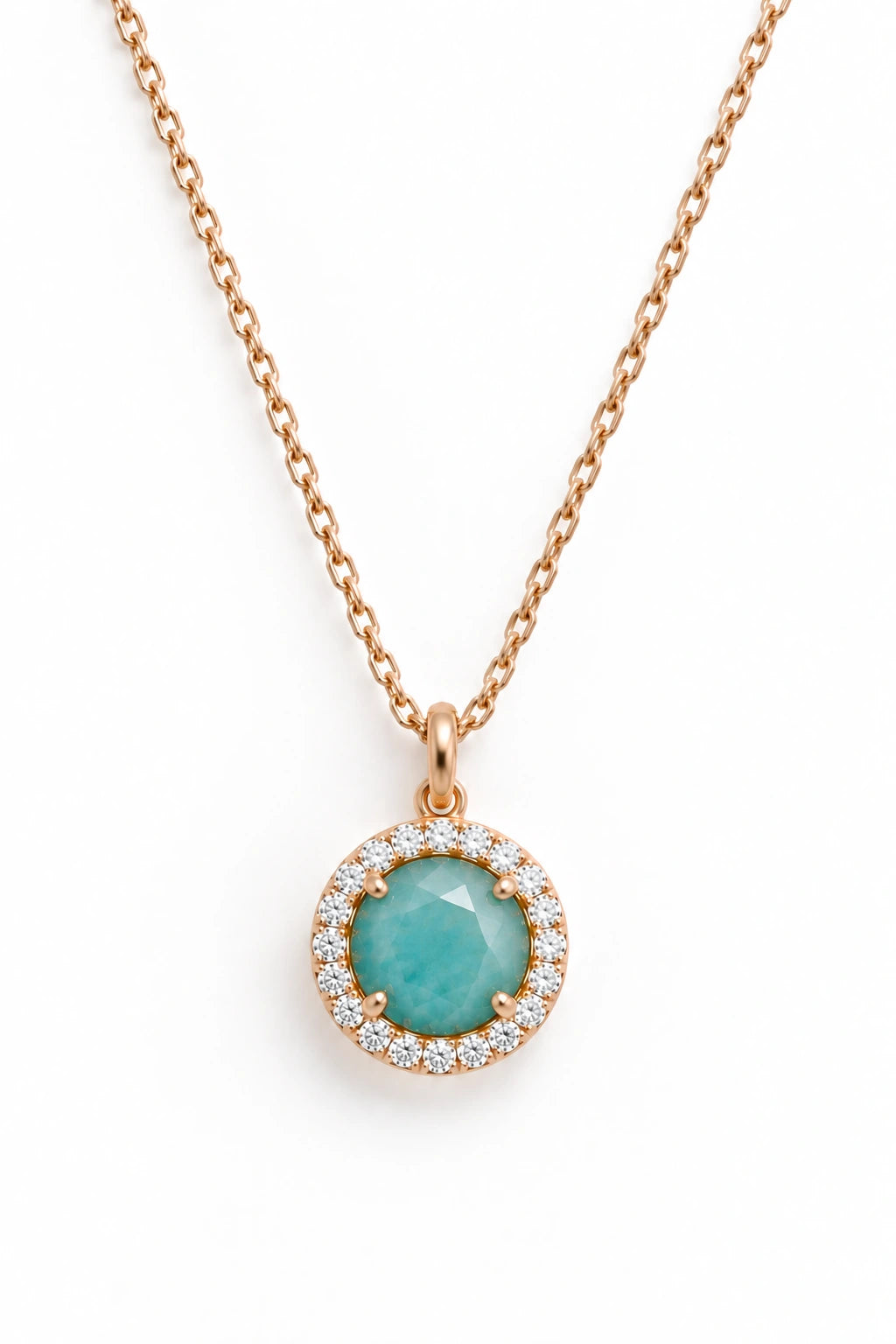 Collier en plaqué or champagne avec pendentif oblong facetté en amazonite serti de zircon naturel.