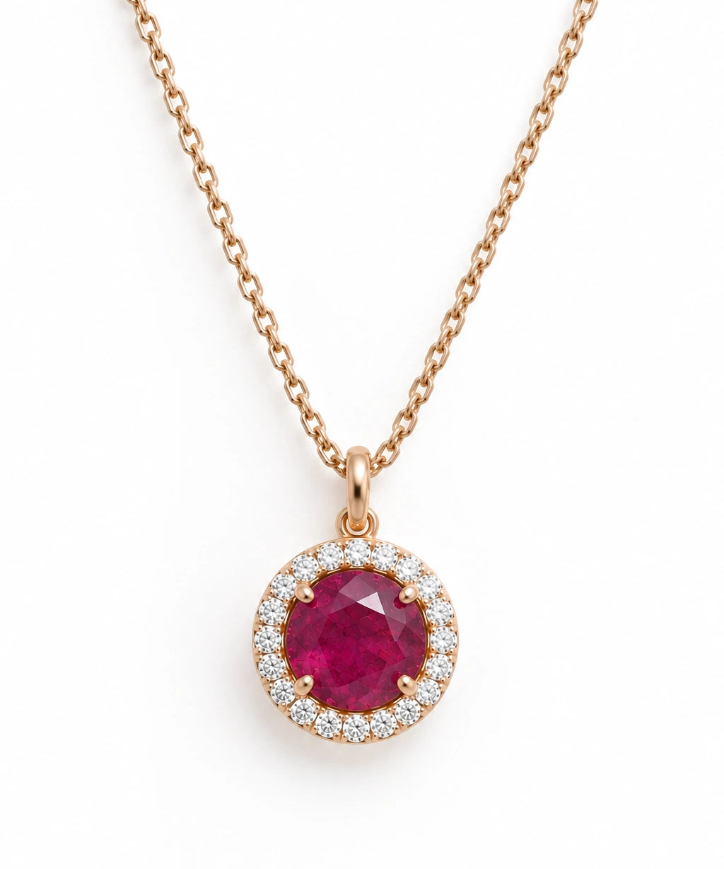 Collier en plaqué or champagne avec pendentif oblong facetté en quartz rouge serti de zircon naturel.