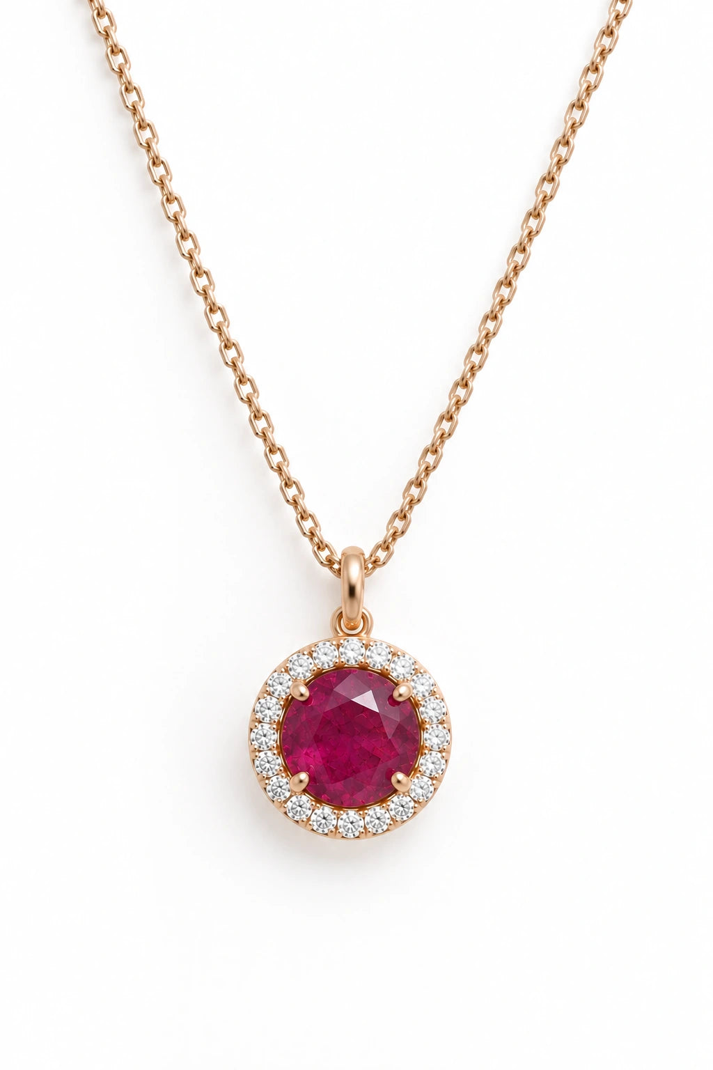 Collier en plaqué or champagne avec pendentif oblong facetté en quartz rouge serti de zircon naturel.