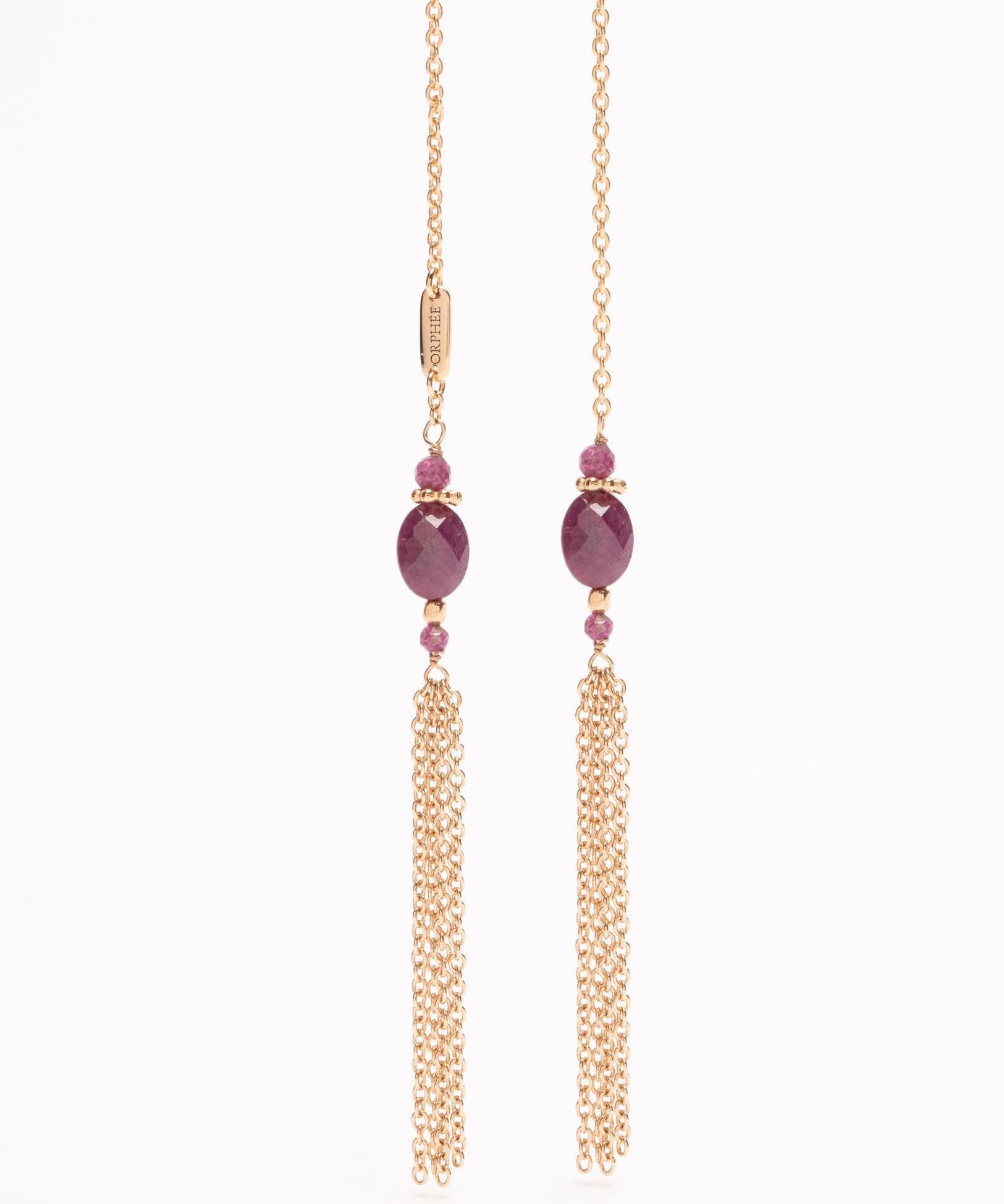 orphée bijoux - collier - margaux - doré - plaqué or - long collier - sautoir - pompons - franges - pierre - amazonite - labradorite - onyx noir - onyx vert - pierre de lune - rubis 