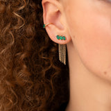 Orphée bijoux Boucle d'oreille Puce grimpeur composé de 3 pierres fines de forme ovale et facettée en onyx vert et en plaqué or 3 microns 750/1000. Cette puce est accompagnée d'une frange de 5 chaînes forçat qui s'insère dans la tige de la boucle d'oreille puce. Elle est vendue à l'unité ou à la paire.