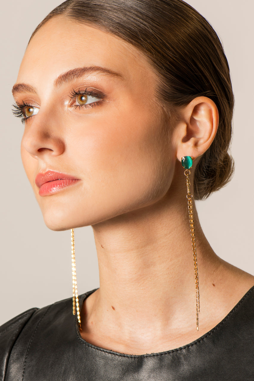 boucles d'oreilles vertes grandes chaines qui vient caresser les epaules et pierre verte boucle pendentif amovible mousqueton cristal verre de murano 