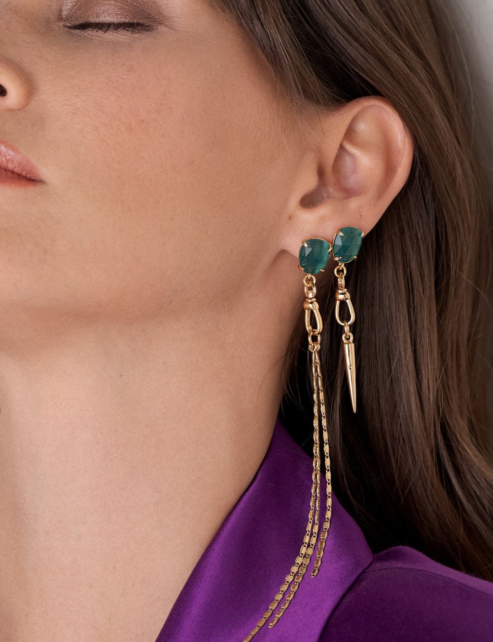 boucle d'oreille vert et doré canon tendance longue chaine interchangeable personnalisable charms