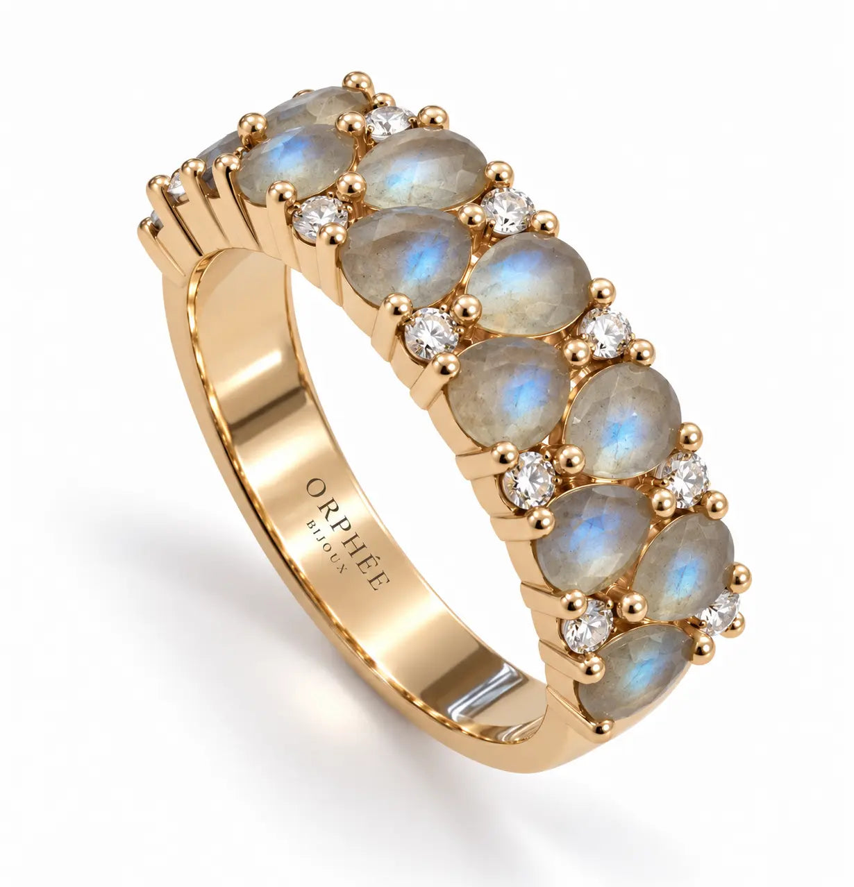 photo de bague dorée en labradorite taillées en poires et zircons logo orphée bijoux 